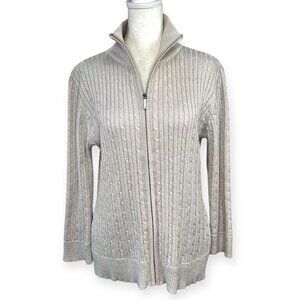 Chaps Cable Knit Full Zip Sweater 3/4 Sleeve Silver Large